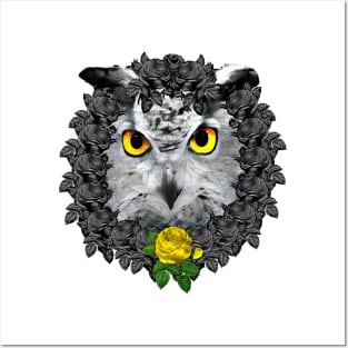 Owl Yellow Rose Wreath Posters and Art